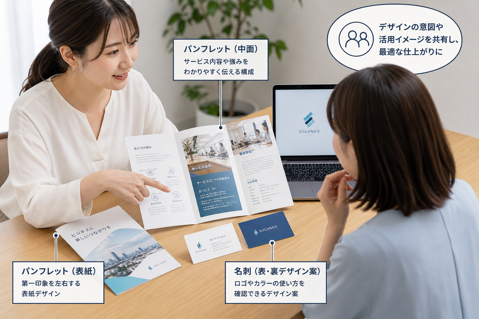 完成したパンフレットや名刺の試作品をテーブルに並べて打ち合わせをする女性デザイナーとクライアント