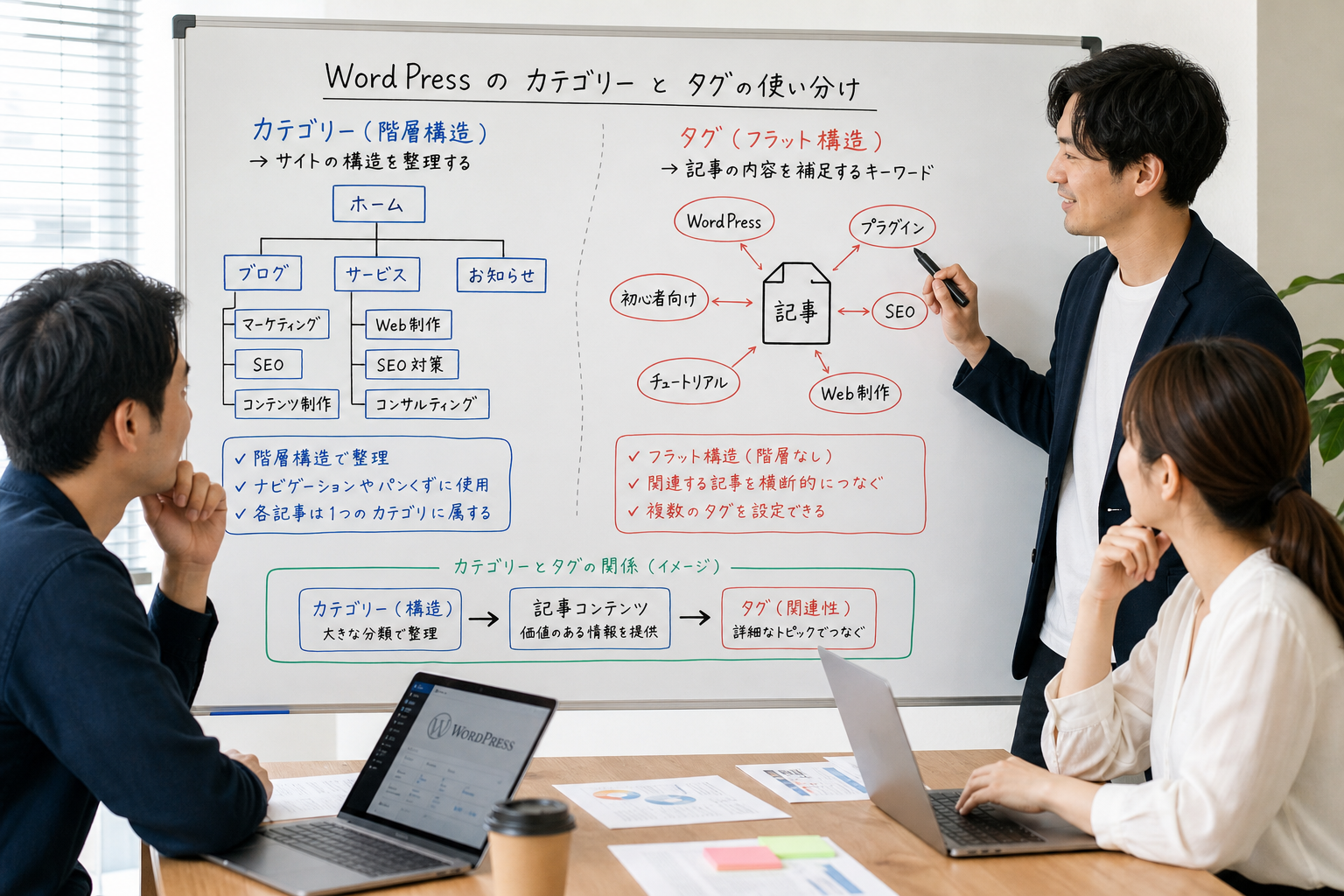ホワイトボードにツリー状のカテゴリー構造とタグの関連図を書き込みながら打ち合わせをする30代のマーケターたち
