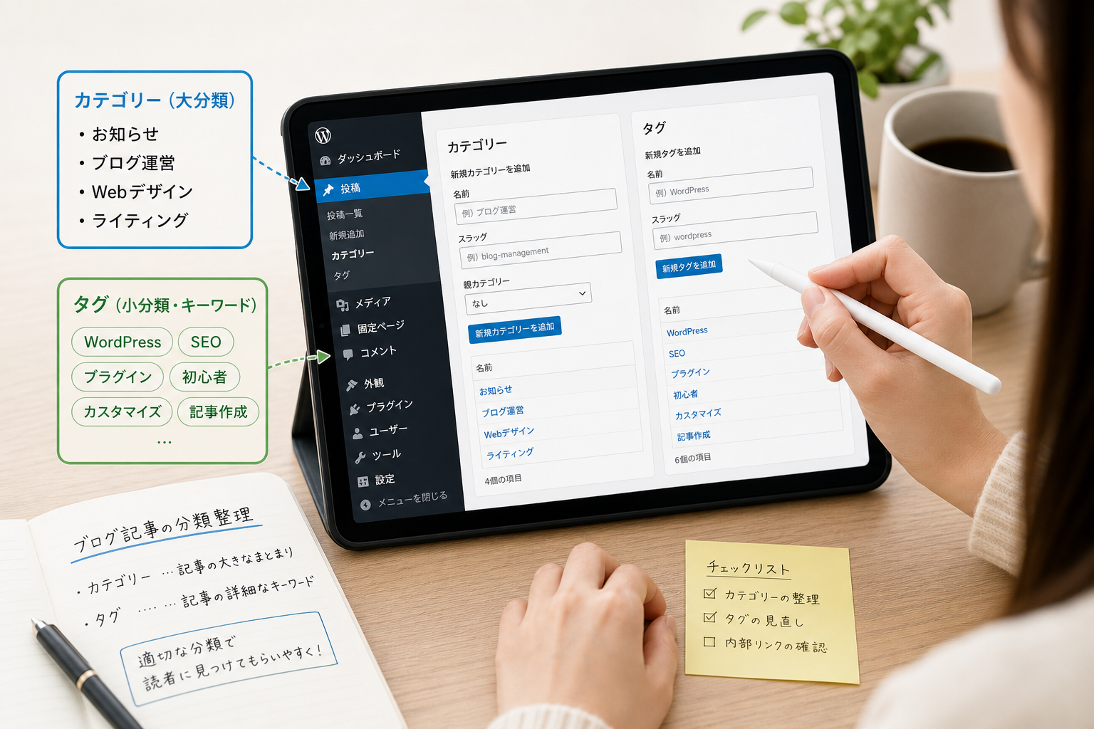 タブレット端末でブログ記事の分類整理作業をする女性ライターのデスク周りのクローズアップ