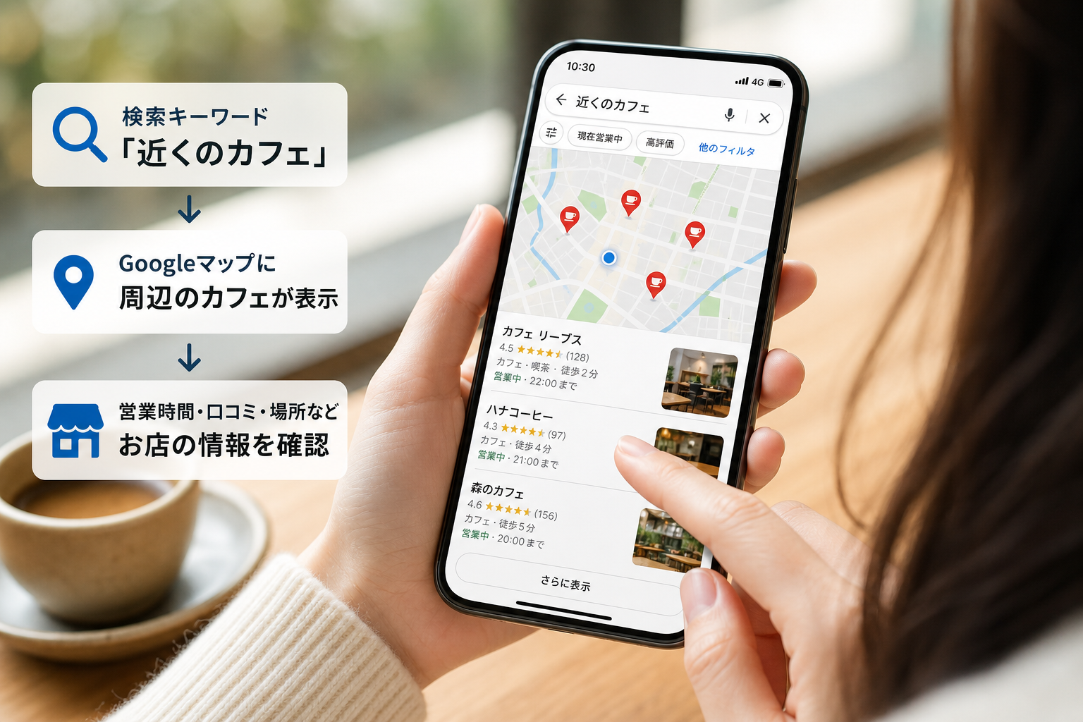 スマートフォンで「近くのカフェ」と検索しGoogleマップを見ている若い女性の手元のクローズアップ