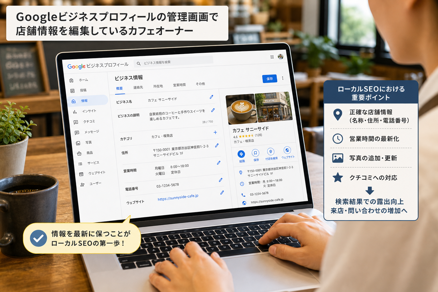 ノートパソコンの画面でGoogleビジネスプロフィールの管理画面を開き店舗情報を編集しているカフェオーナー