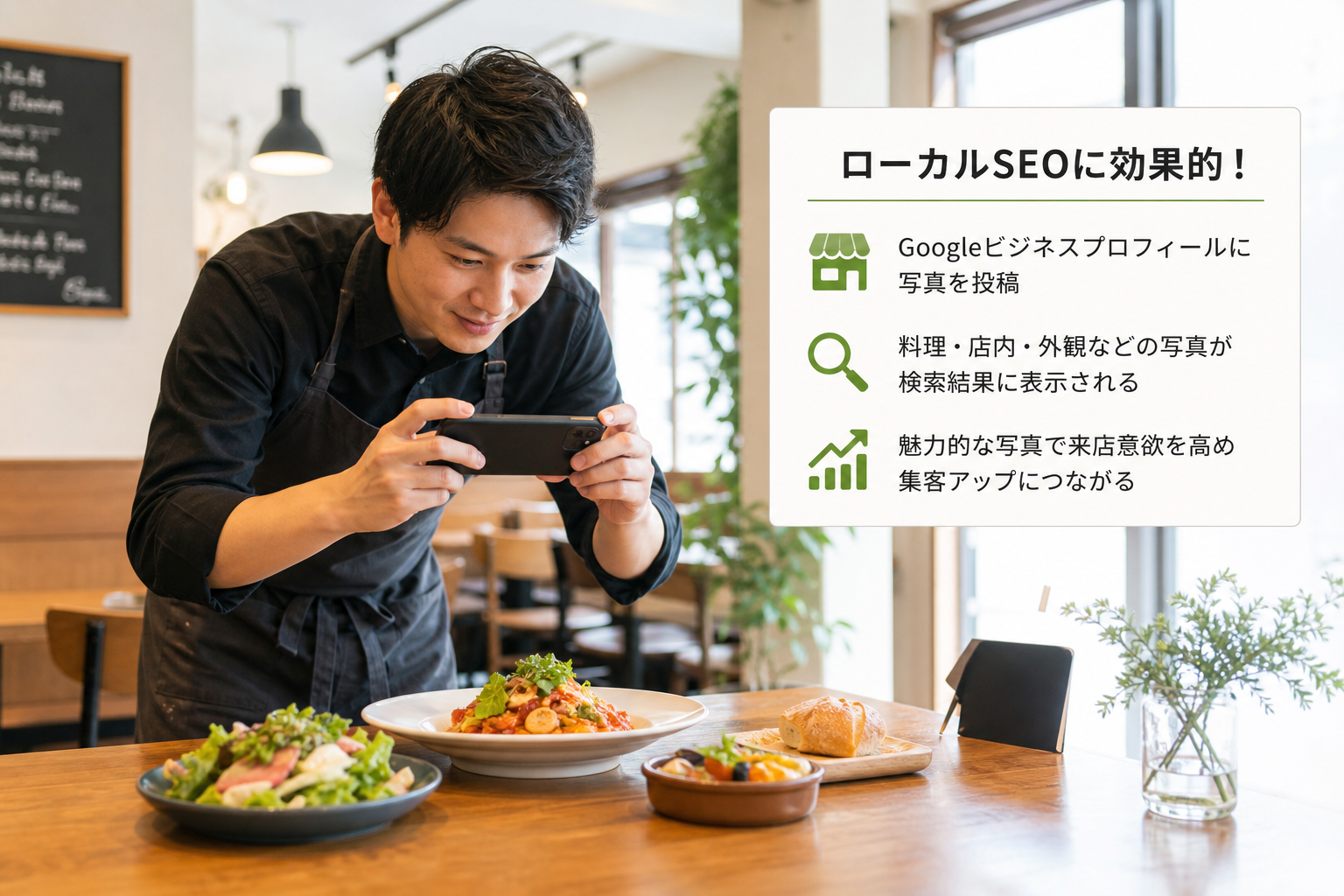 飲食店の店内で料理写真を撮影する若い男性スタッフ、明るく清潔感のある雰囲気
