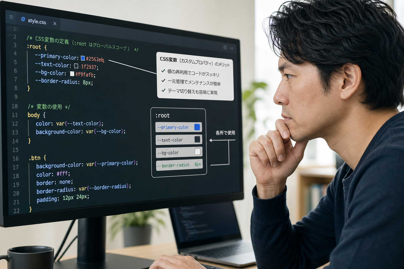 モニターに映るCSSコードのスクリーンショットを真剣な表情で見つめる30代のWebエンジニアの男性