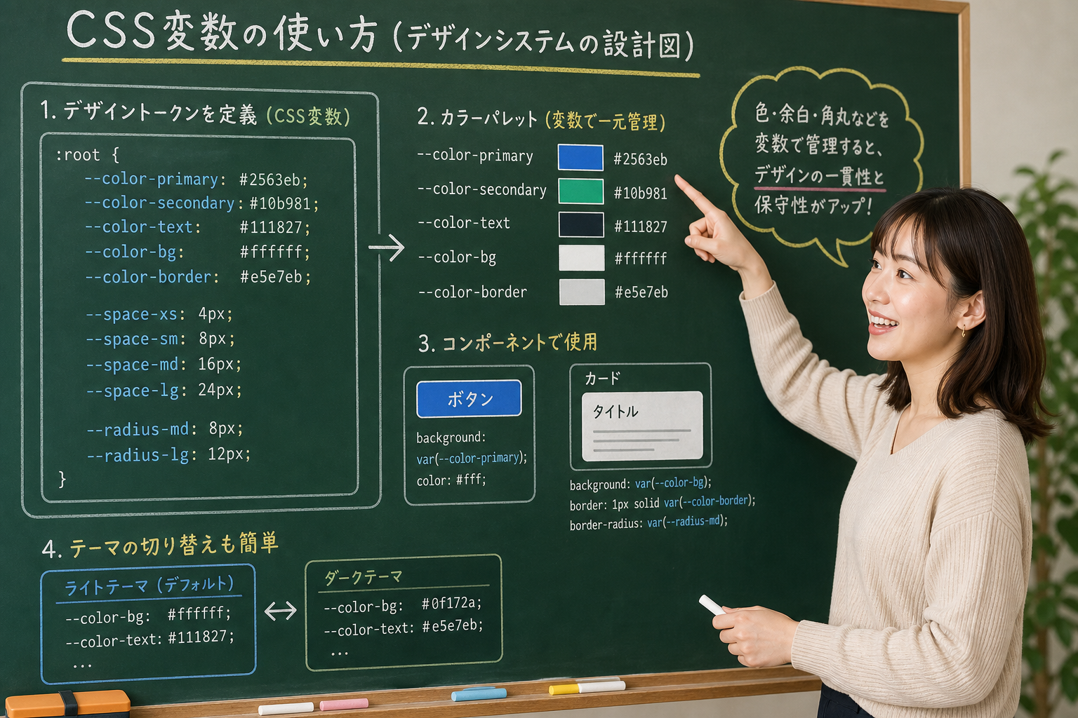 黒板に書かれたデザインシステムの設計図とカラーパレットを指差して説明するデザイナー女性