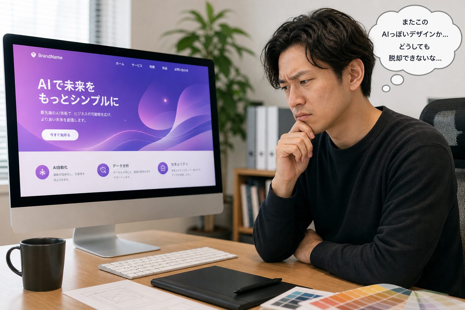 パソコン画面に表示された紫グラデーションのありがちなWebデザインを見て困った表情を浮かべる30代のデザイナー