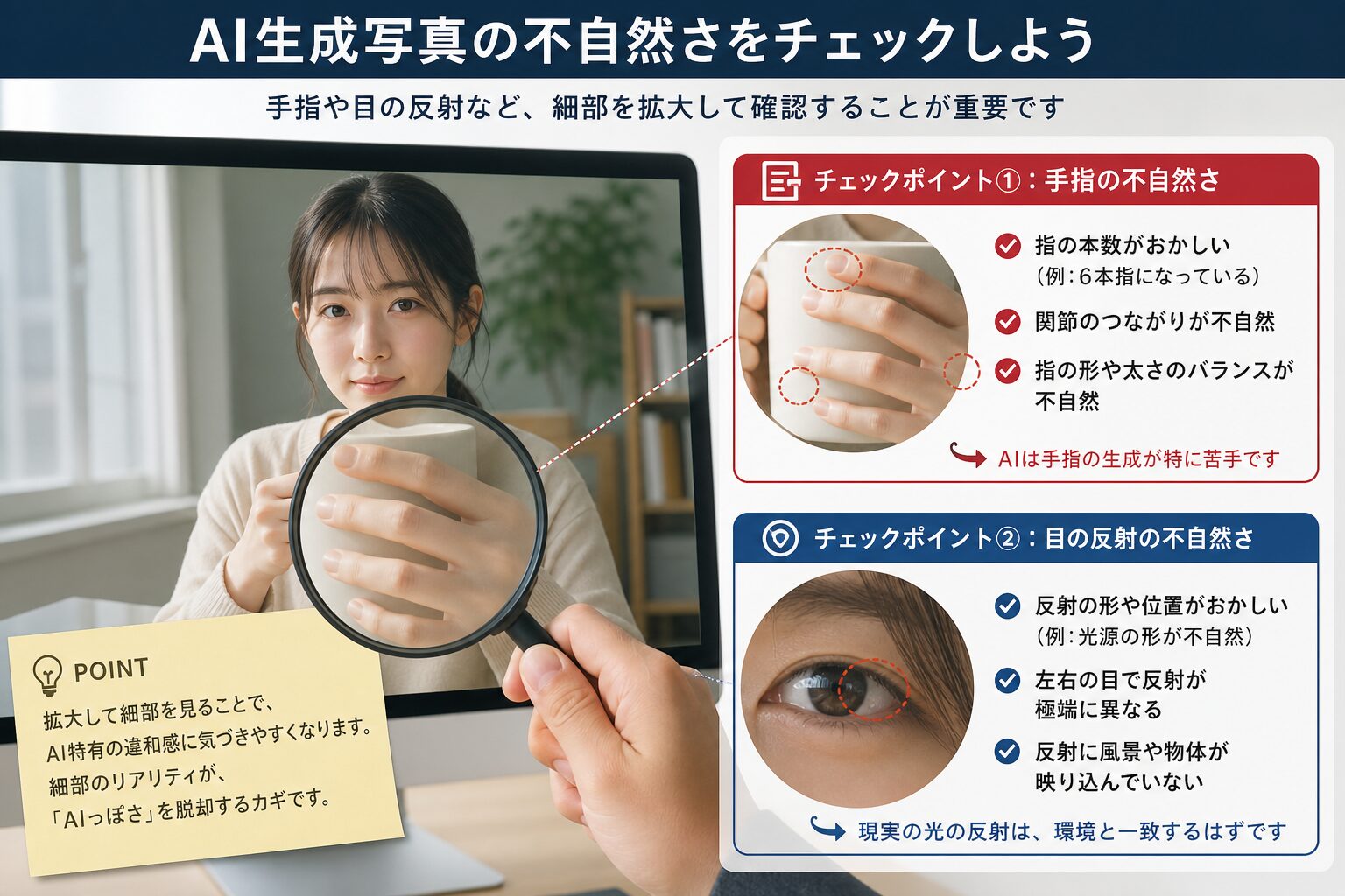 AI生成された人物写真を拡大鏡で確認し、手指や目の反射の不自然さをチェックしている様子