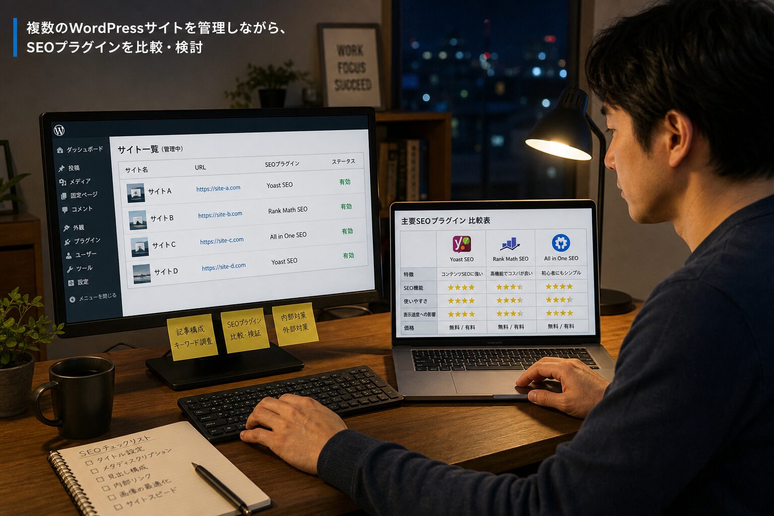 複数のWordPressサイトを管理する個人事業主の男性がデスクトップとノートPCを並べて作業している様子、夜のホームオフィス