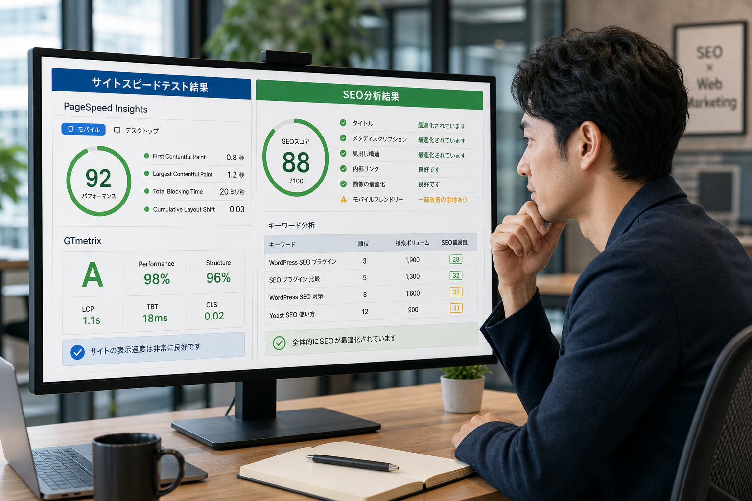 Webサイトのスピードテスト結果とSEO分析画面を表示した大型モニターをチェックする30代男性のWebマーケター、モダンなオフィス