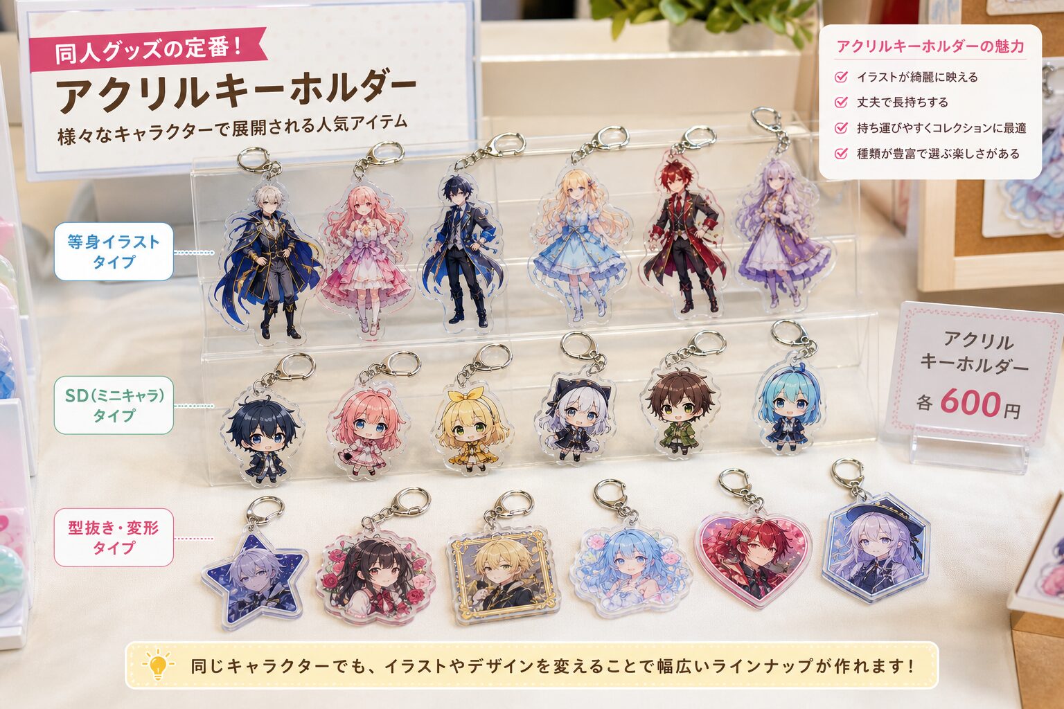 様々なキャラクターイラストがプリントされたアクリルキーホルダーが並ぶ展示テーブル