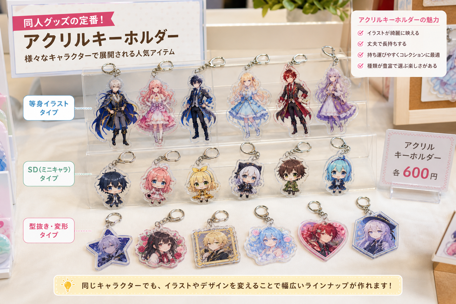 様々なキャラクターイラストがプリントされたアクリルキーホルダーが並ぶ展示テーブル