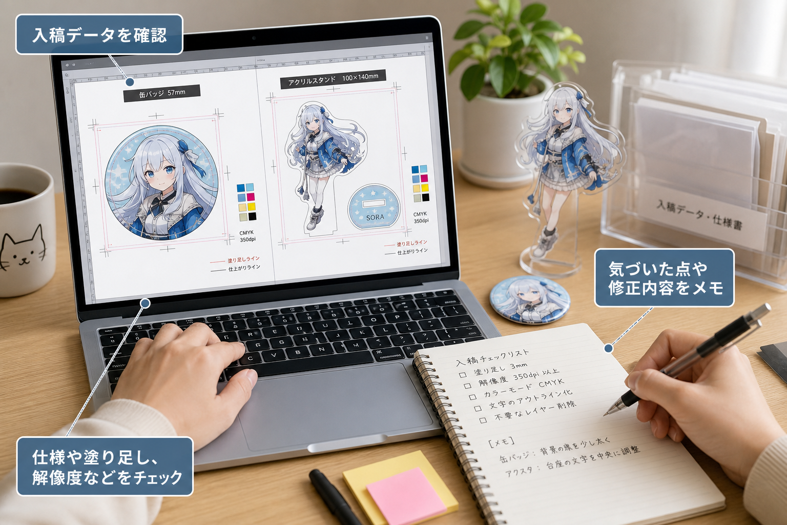 パソコン画面で同人グッズの入稿データを確認しながらメモを取る制作者の手元