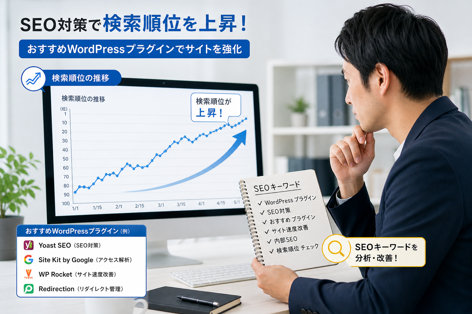検索順位が上昇していくグラフとSEOキーワードが書かれたメモを見ながら分析する日本人男性のオフィスシーン