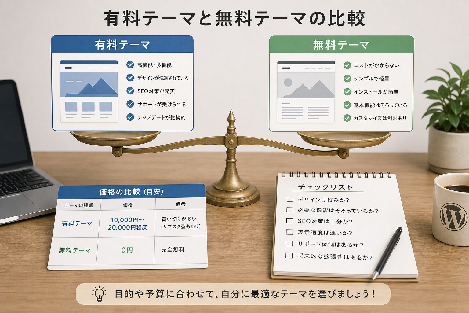 有料テーマと無料テーマを天秤にかけて比較するイメージ、価格表とチェックリストが並ぶデスク