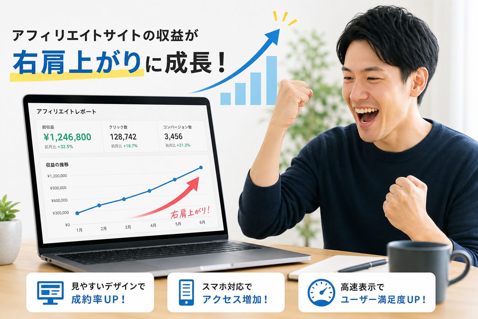 アフィリエイトサイトの収益グラフが右肩上がりに伸びるパソコン画面と、ガッツポーズをするブロガー