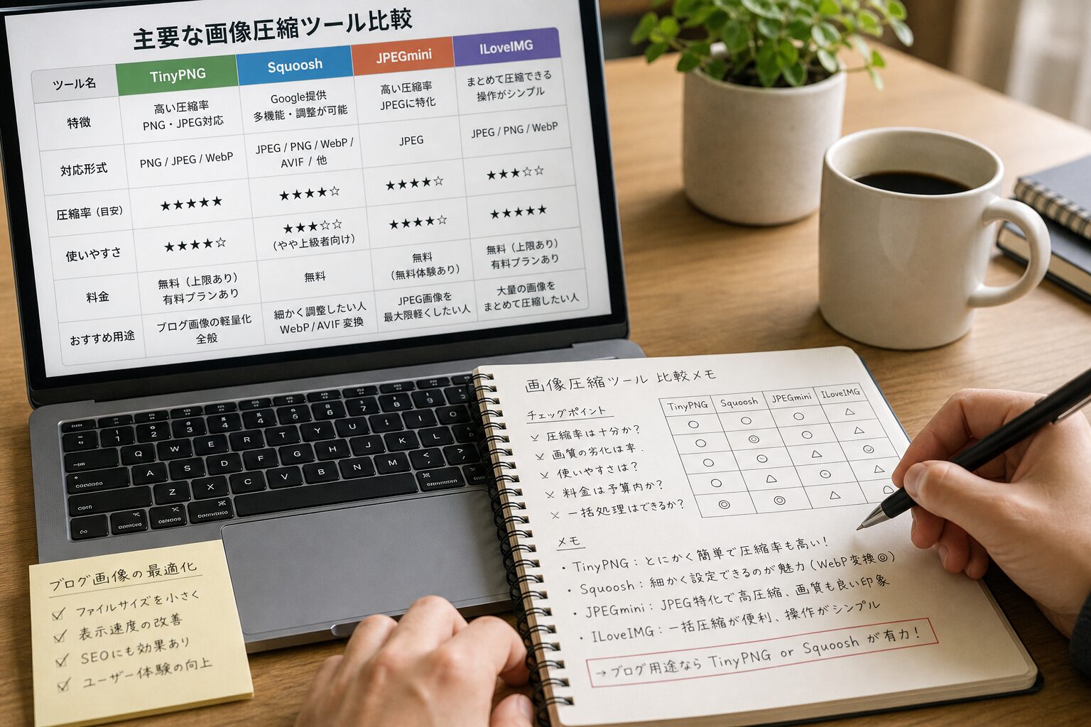 ブログ運営者がデスクで複数の画像圧縮ツールを比較しながらメモを取っている手元のクローズアップ