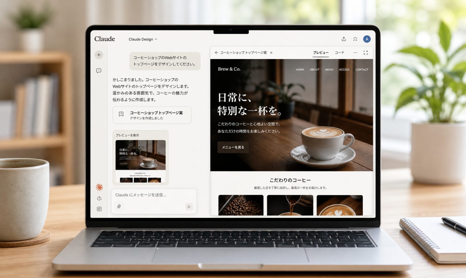 ノートパソコンの画面にAIデザインツールのチャット画面とプレビュー画面が左右に並んで表示されている様子、明るいワークスペース