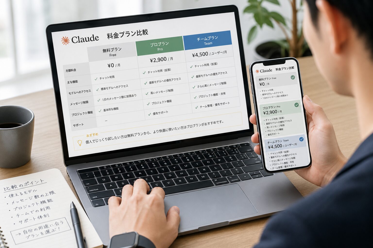 スマートフォンとノートパソコンを使って料金プランを比較検討している若いビジネスパーソンの手元