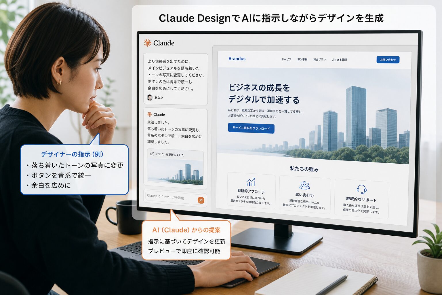 AIが生成したランディングページのデザインを画面で確認しながら指示を出すデザイナーの様子、集中した表情