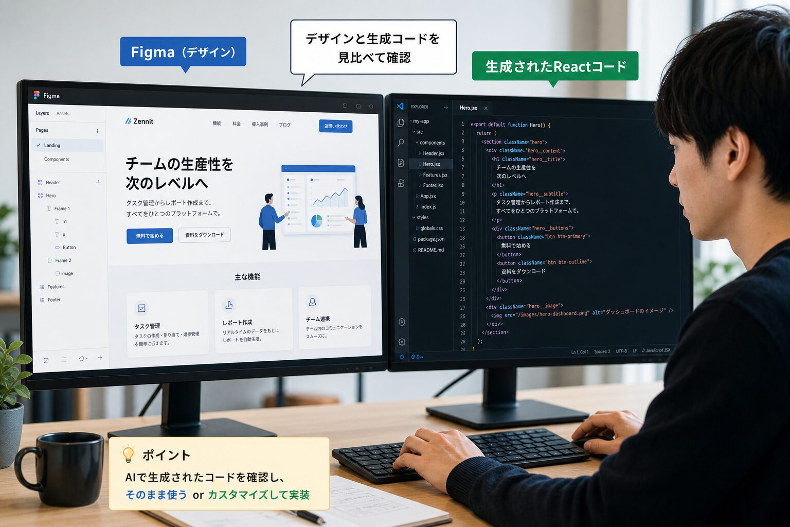 デュアルモニターでFigmaのデザイン画面と生成されたReactコードを見比べる若手フロントエンドエンジニア