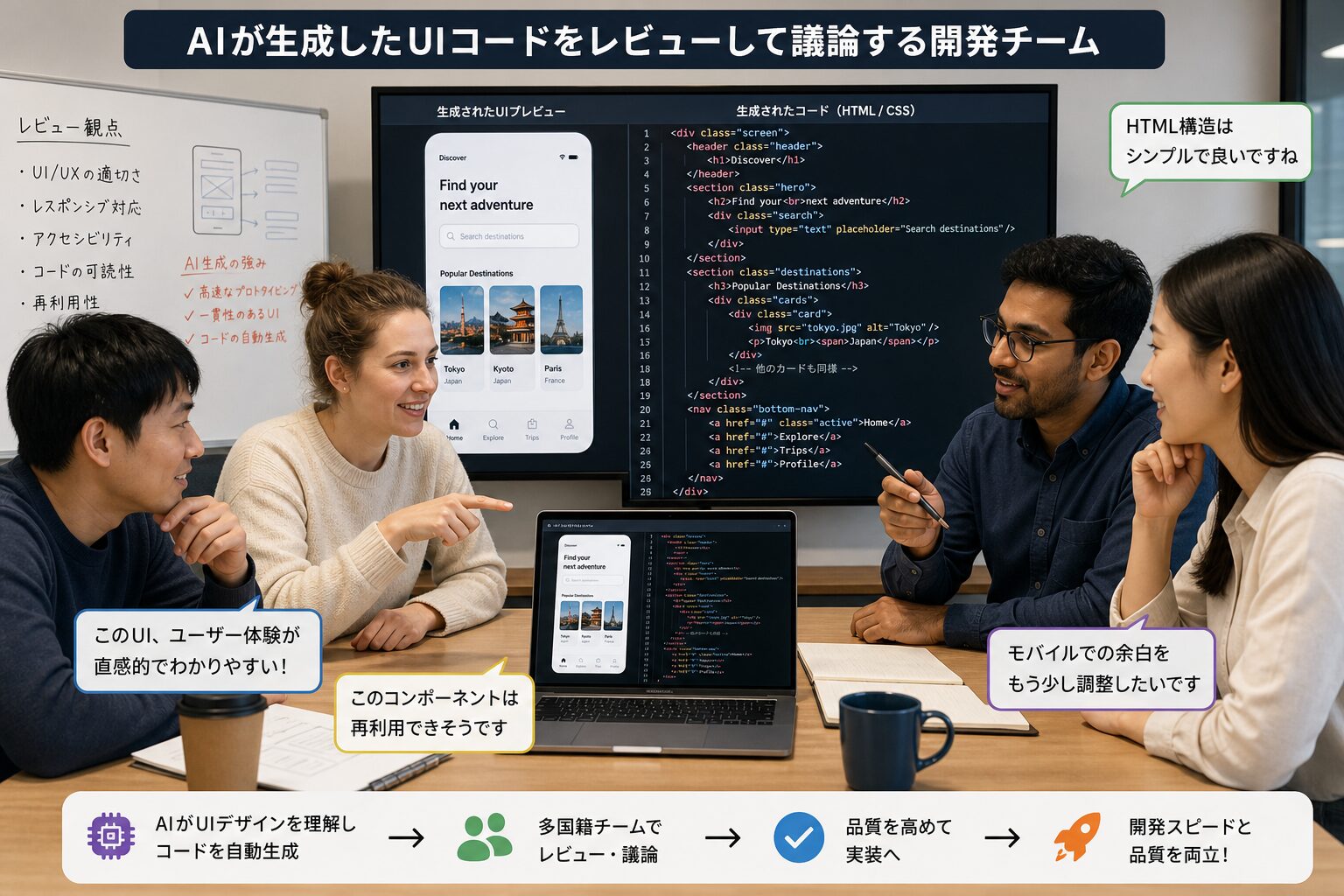 会議室でノートパソコンを囲み、AIが生成したUIコードをレビューしながら議論する多国籍の開発チーム
