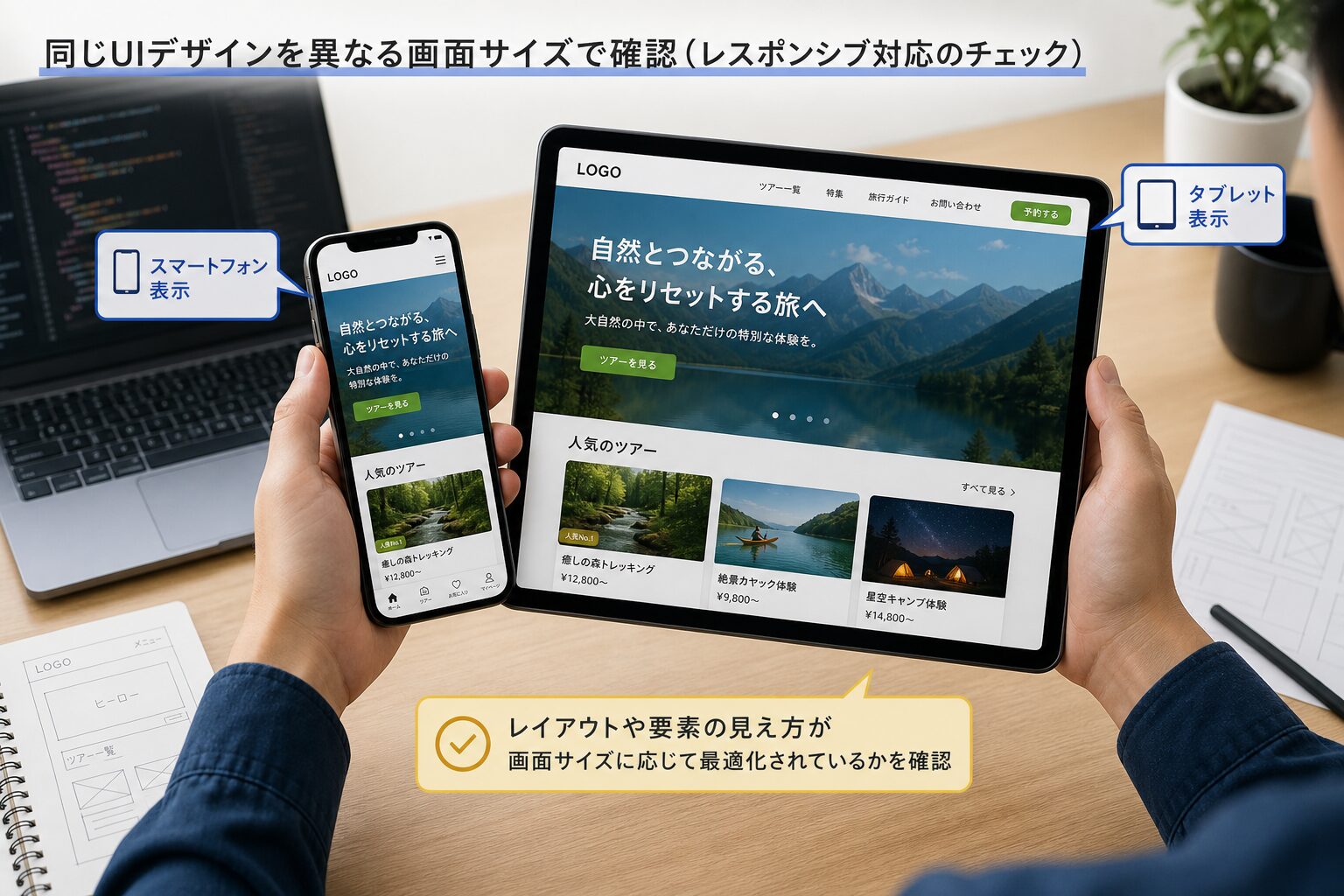 スマートフォンとタブレットに同じUIデザインを表示し、レスポンシブ対応を確認するデザイナーの手元