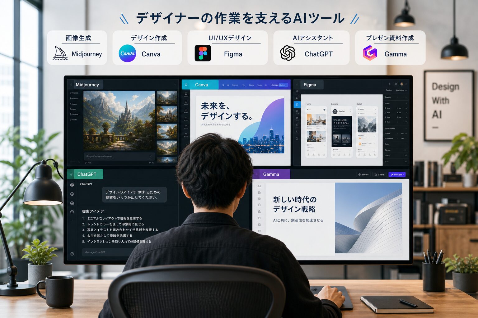複数のデザインツールが表示された大型モニターの前で作業するクリエイターの後ろ姿、モダンなオフィス