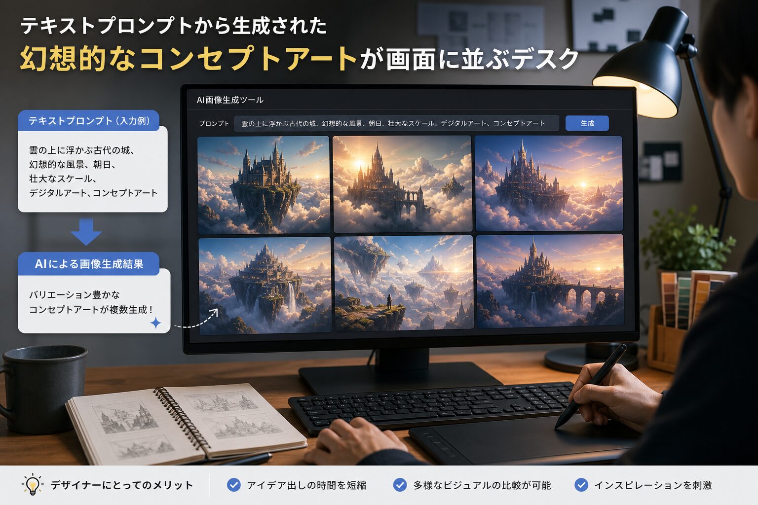テキストプロンプトから生成された幻想的なコンセプトアートが画面に並ぶデザイナーのデスク