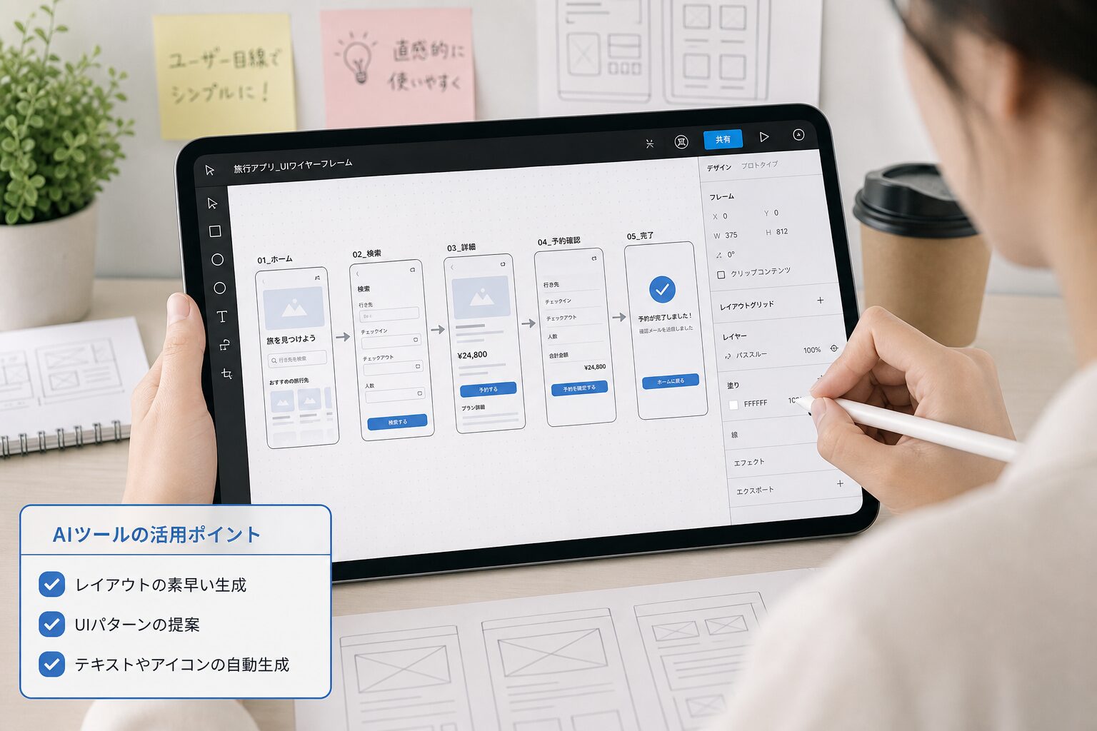 タブレットでアプリのUIワイヤーフレームを編集する若手デザイナーの手元のクローズアップ