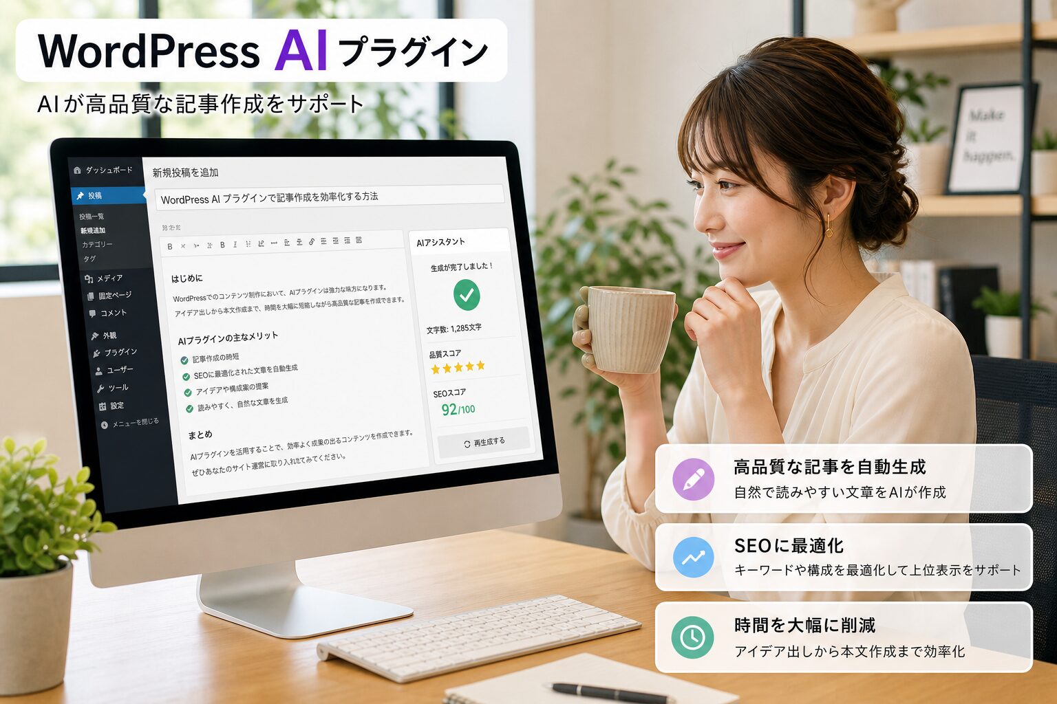 AIが生成した記事のクオリティを確認しながらコーヒーを片手に微笑むメディア運営担当の女性、ナチュラルな雰囲気のオフィス