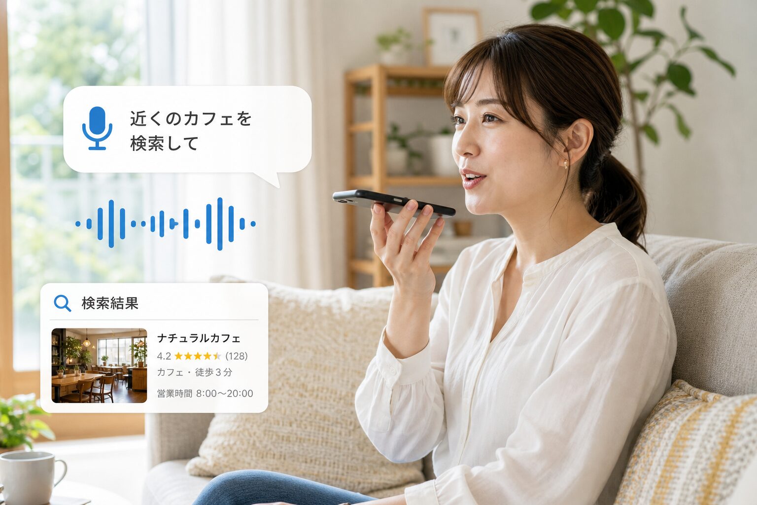 ソファでスマートフォンに話しかけて音声検索をする30代の女性、自然光が差し込むリビング