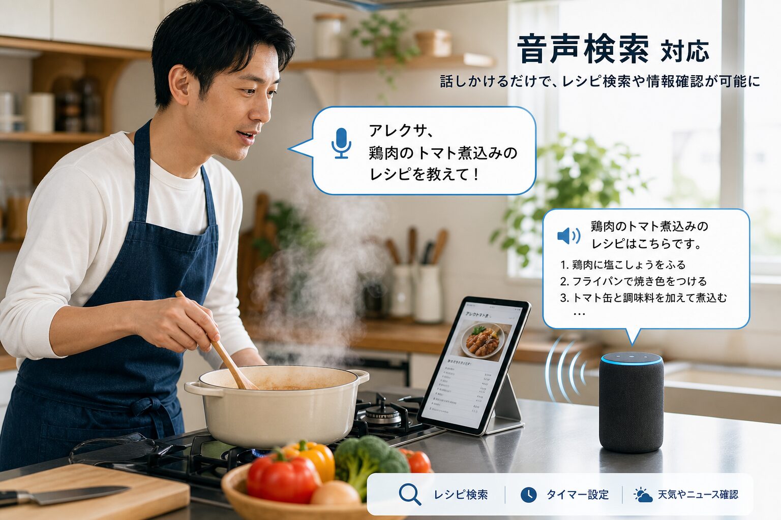 キッチンでスマートスピーカーに話しかけながら料理をする男性、湯気の立つ鍋とタブレット