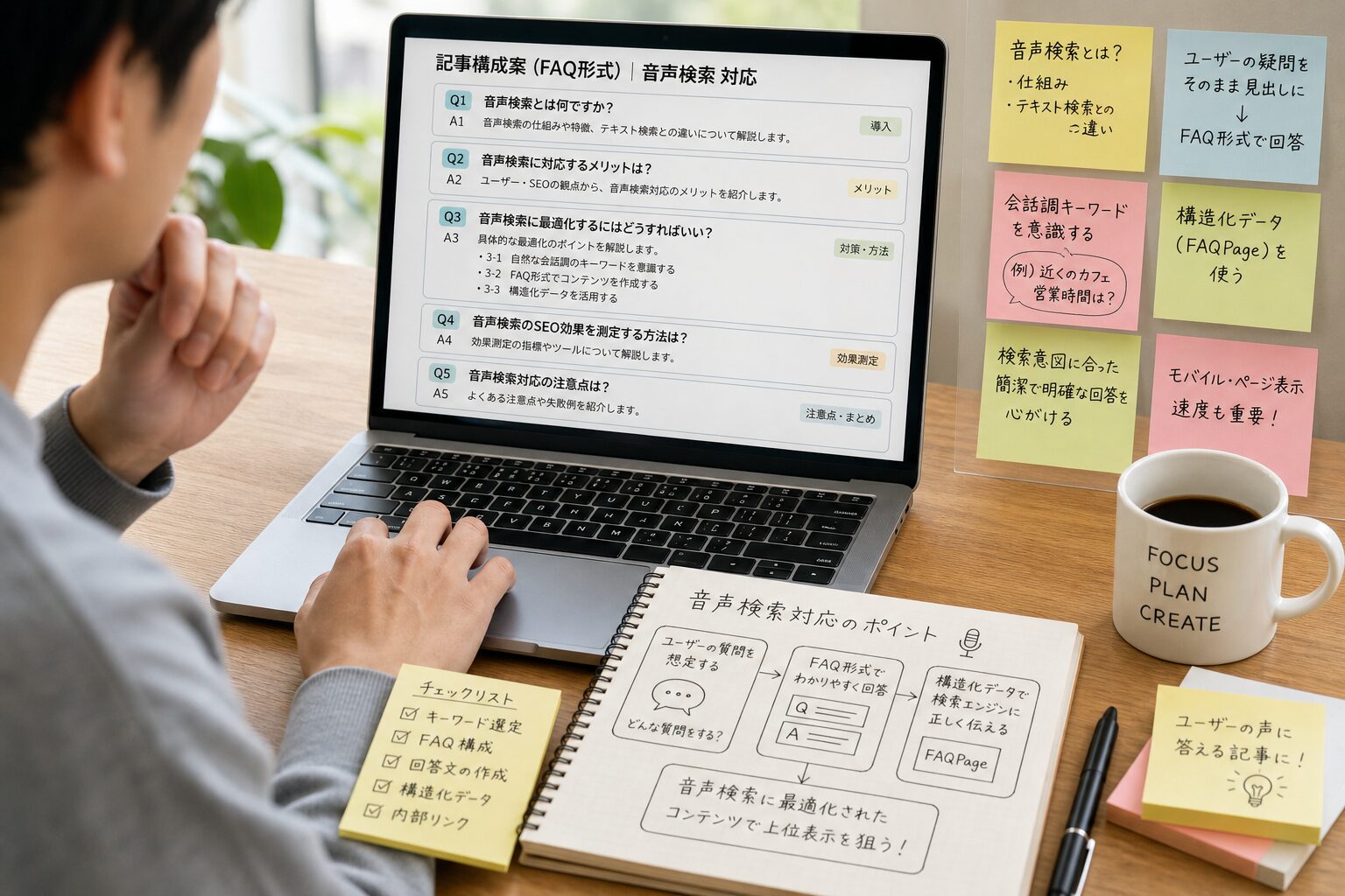 パソコンでFAQ形式の記事構成を組み立てるWebディレクター、付箋とメモが貼られたデスク