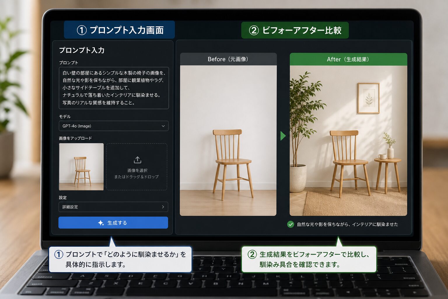 プロンプト入力画面とビフォーアフターの画像を並べて比較しているノートパソコンの画面