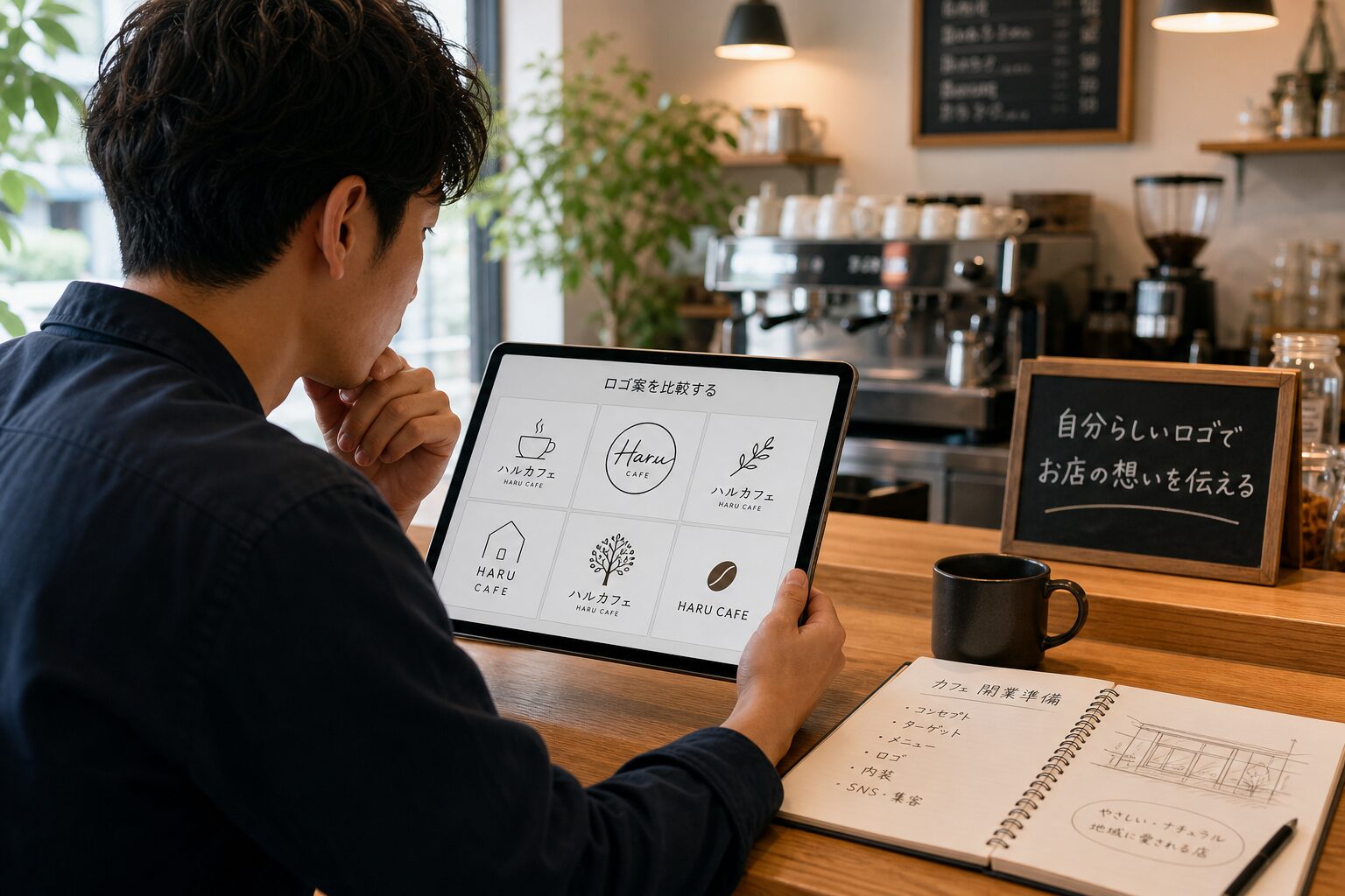 カフェのカウンターで自分の店のロゴ案をタブレットで見比べる開業準備中の男性オーナー