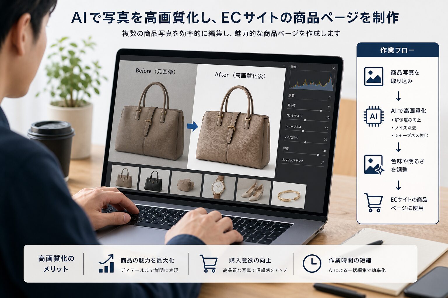 ECサイトの商品ページを制作するためにノートパソコンで複数の商品写真を編集しているマーケターの作業風景