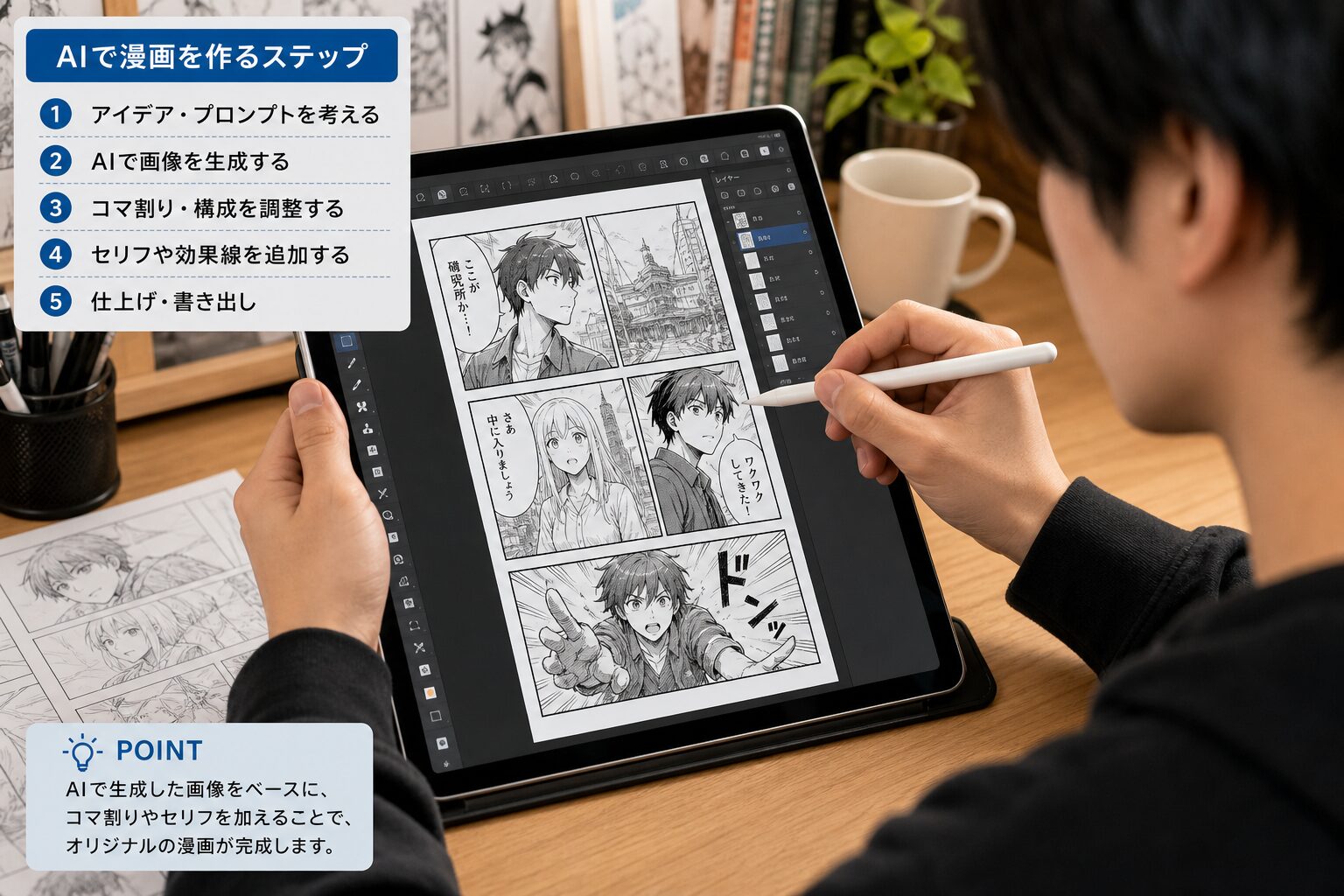 タブレットとペンを使ってAIで漫画を制作する若いクリエイターの手元、画面にはコマ割りされた漫画ページが表示されている
