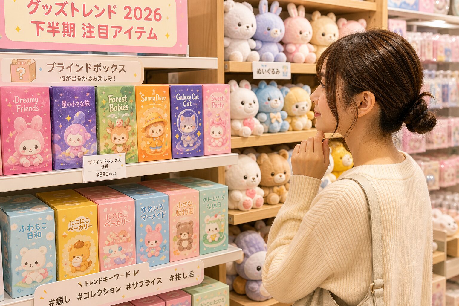 カラフルなブラインドボックスやぬいぐるみが並ぶ雑貨店の棚を眺める20代女性