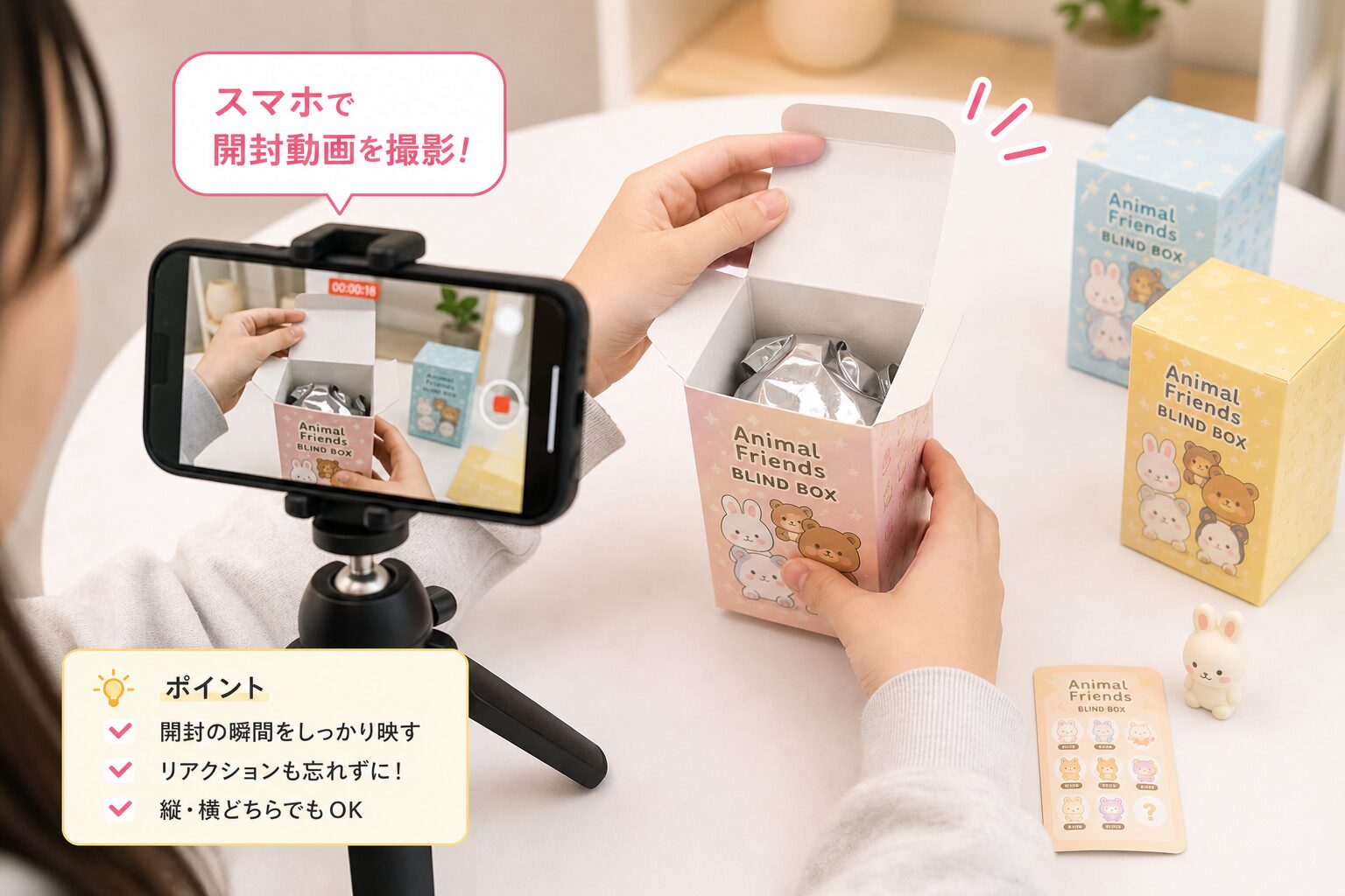 スマートフォンでブラインドボックスの開封動画を撮影しながら箱を開ける若者の手元