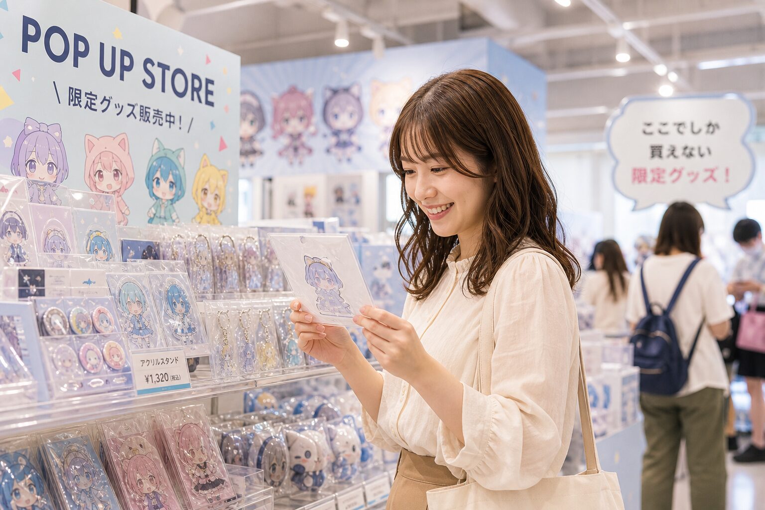 ポップアップストアでキャラクターグッズを手に取って選ぶ笑顔の女性客