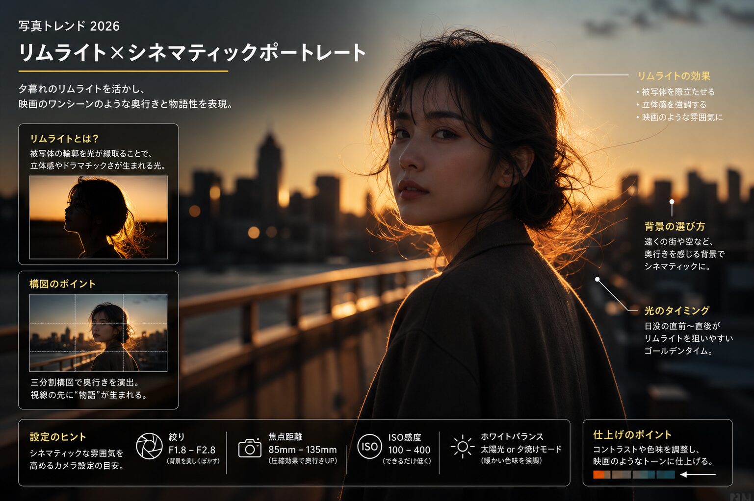 夕暮れのリムライトを受けた人物のシネマティックなポートレート、映画のワンシーンのような奥行きのある構図