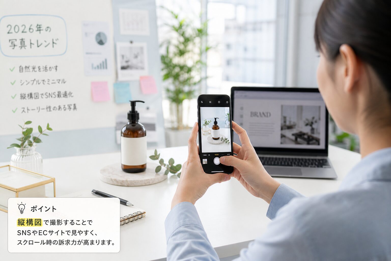 スマートフォンを縦に構えて商品を撮影するマーケティング担当者の手元、明るいオフィス空間