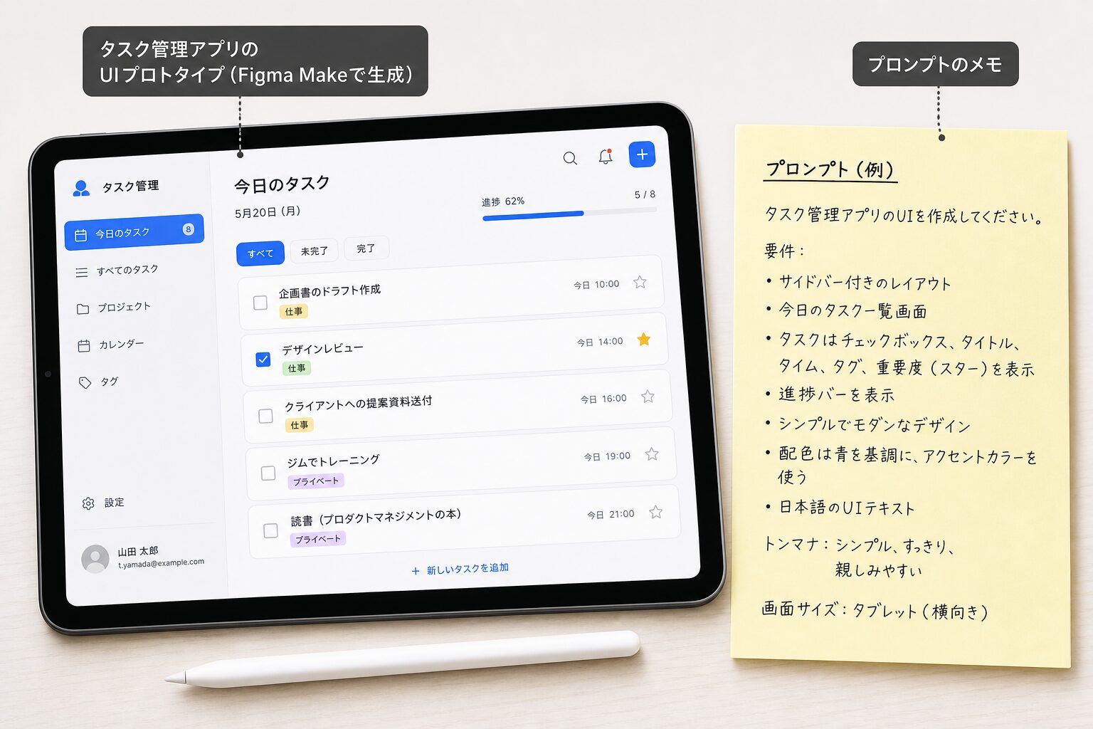 タブレットに表示されたタスク管理アプリのUIプロトタイプと、その横に書かれたプロンプトのメモ