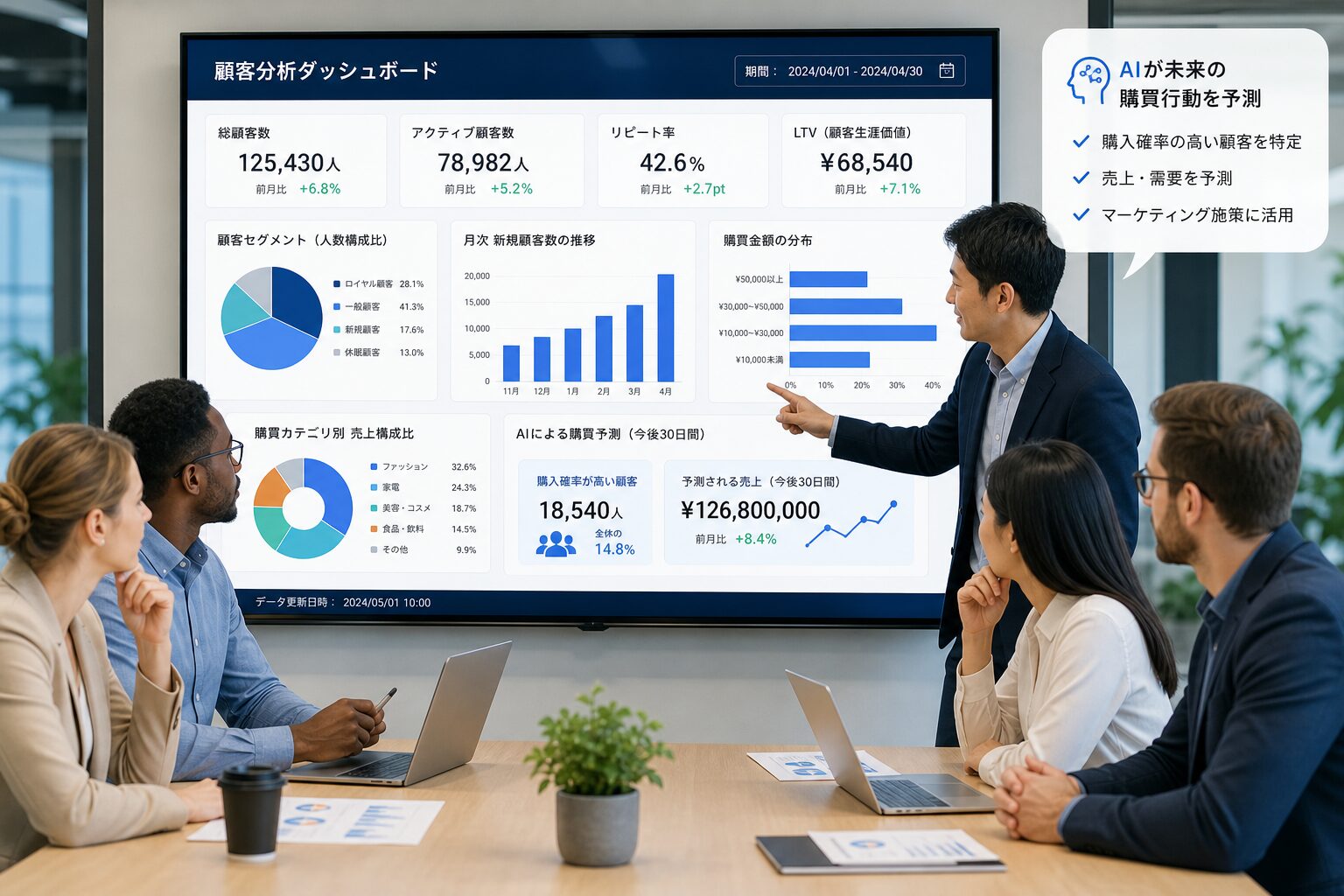 大型モニターに顧客データのダッシュボードとグラフを表示し、それを見ながら議論する多国籍のビジネスチーム