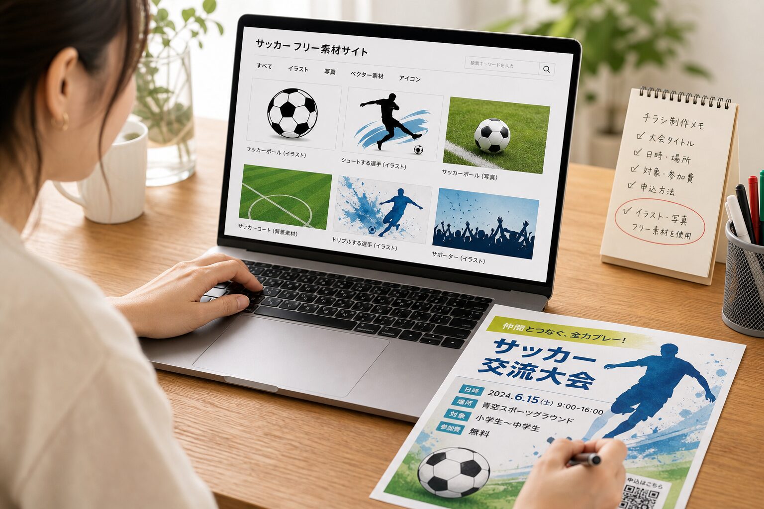 パソコンでサッカーのフリー素材サイトを閲覧し、チラシ制作をしている30代女性の手元