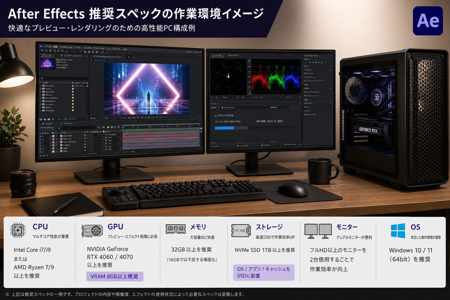 デスクに置かれた高性能デスクトップPCとデュアルモニターでAfter Effectsの編集画面を表示している作業環境