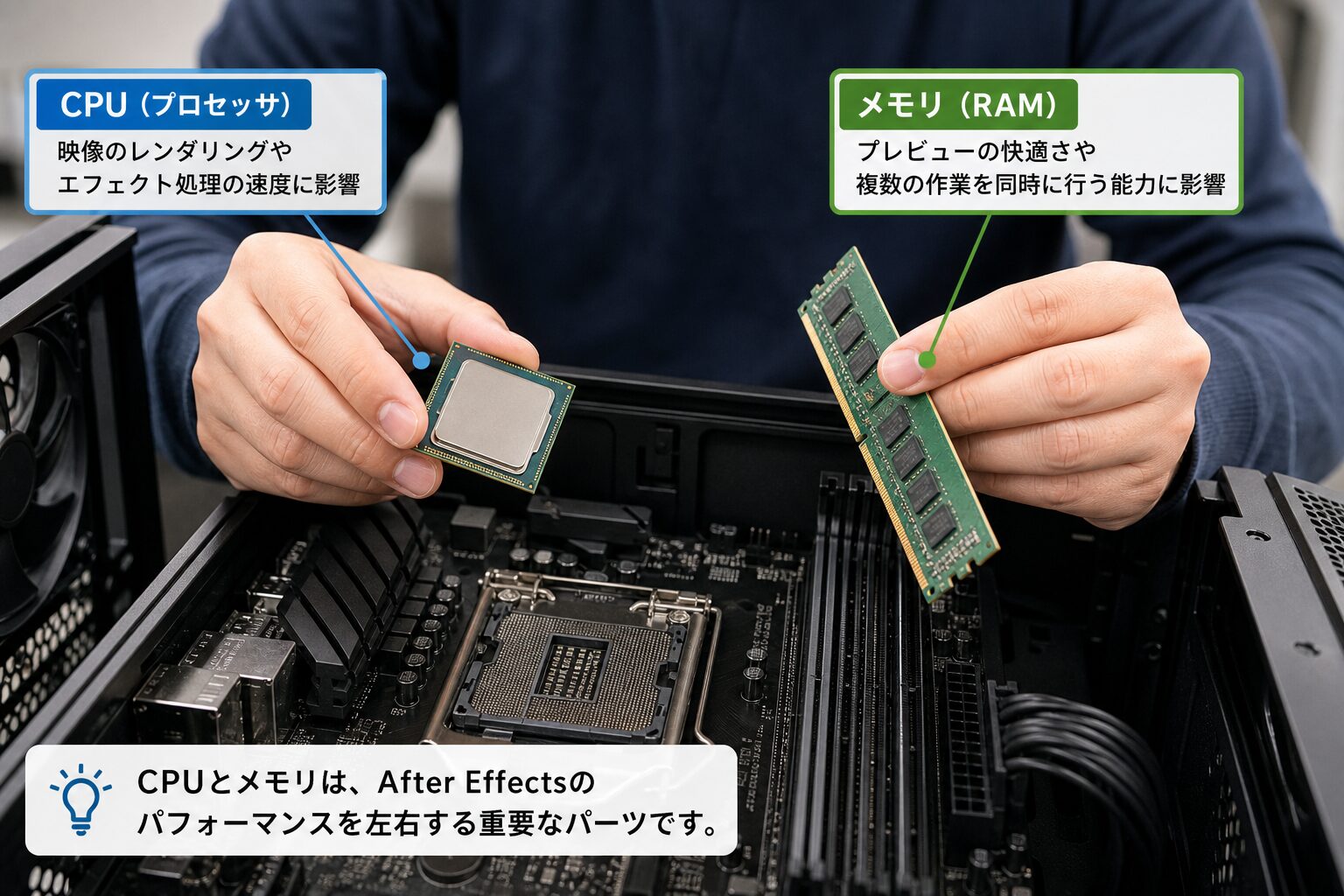CPUとメモリモジュールを手に持ち、自作PCを組み立てている人物のクローズアップ