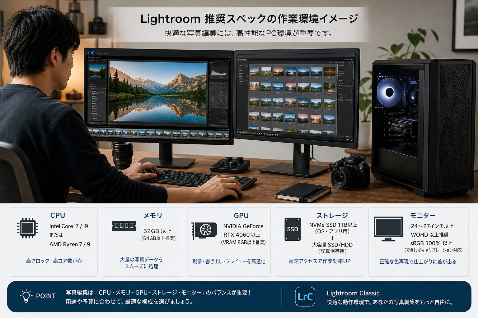 デスクに置かれた高性能デスクトップPCとデュアルモニターで写真編集をするフォトグラファーの作業環境