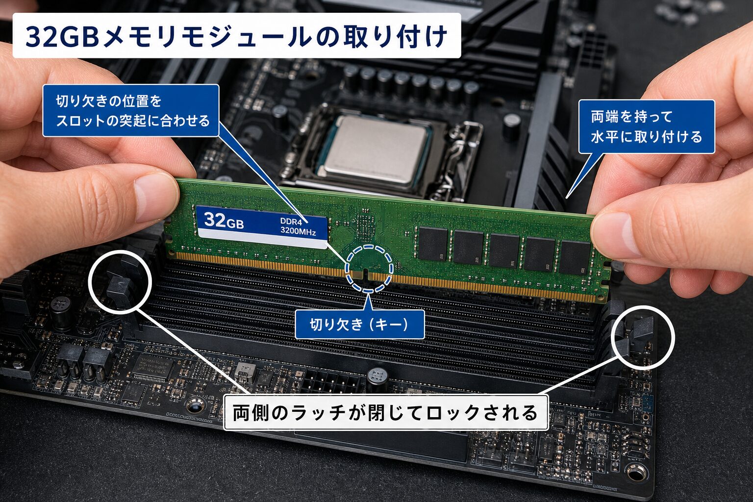 パソコンのマザーボードに32GBのメモリモジュールを取り付ける手元のクローズアップ