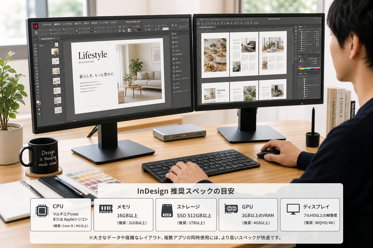 デスクに置かれたデュアルモニターでInDesignのレイアウト作業をするデザイナーの手元、明るく整理されたワークスペース