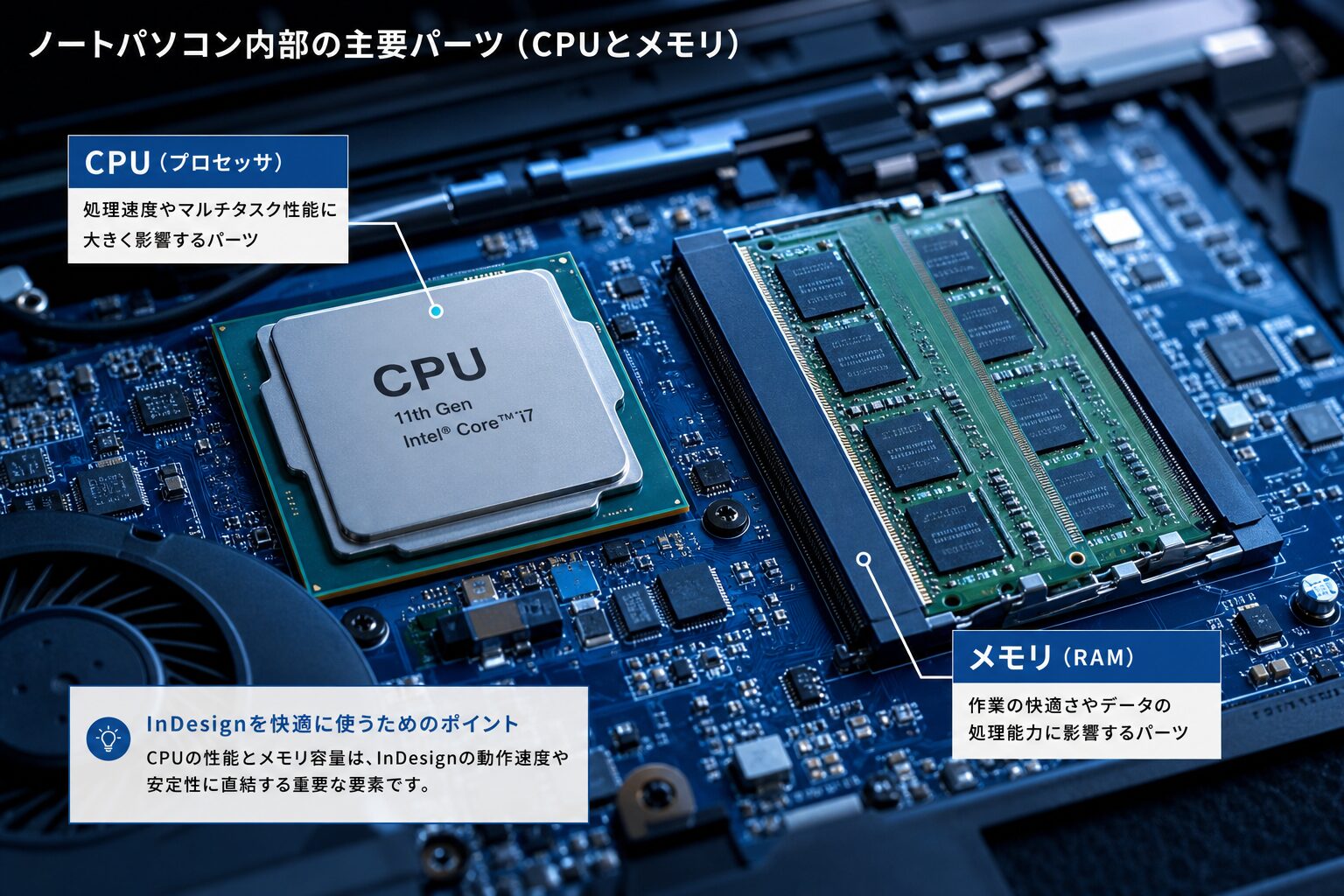 ノートパソコンの内部基板上に並ぶCPUとメモリモジュールのクローズアップ、青みがかった照明